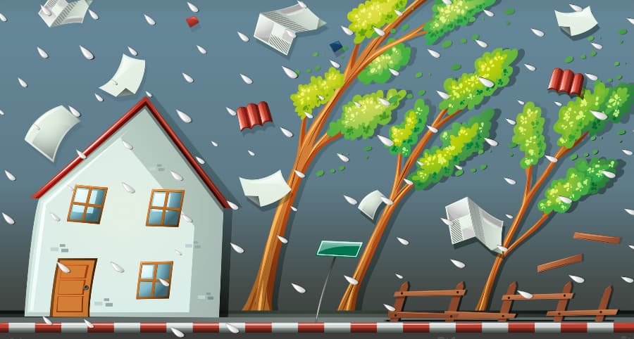 Illustration of a storm impacting a residence and the immediate surroundings
